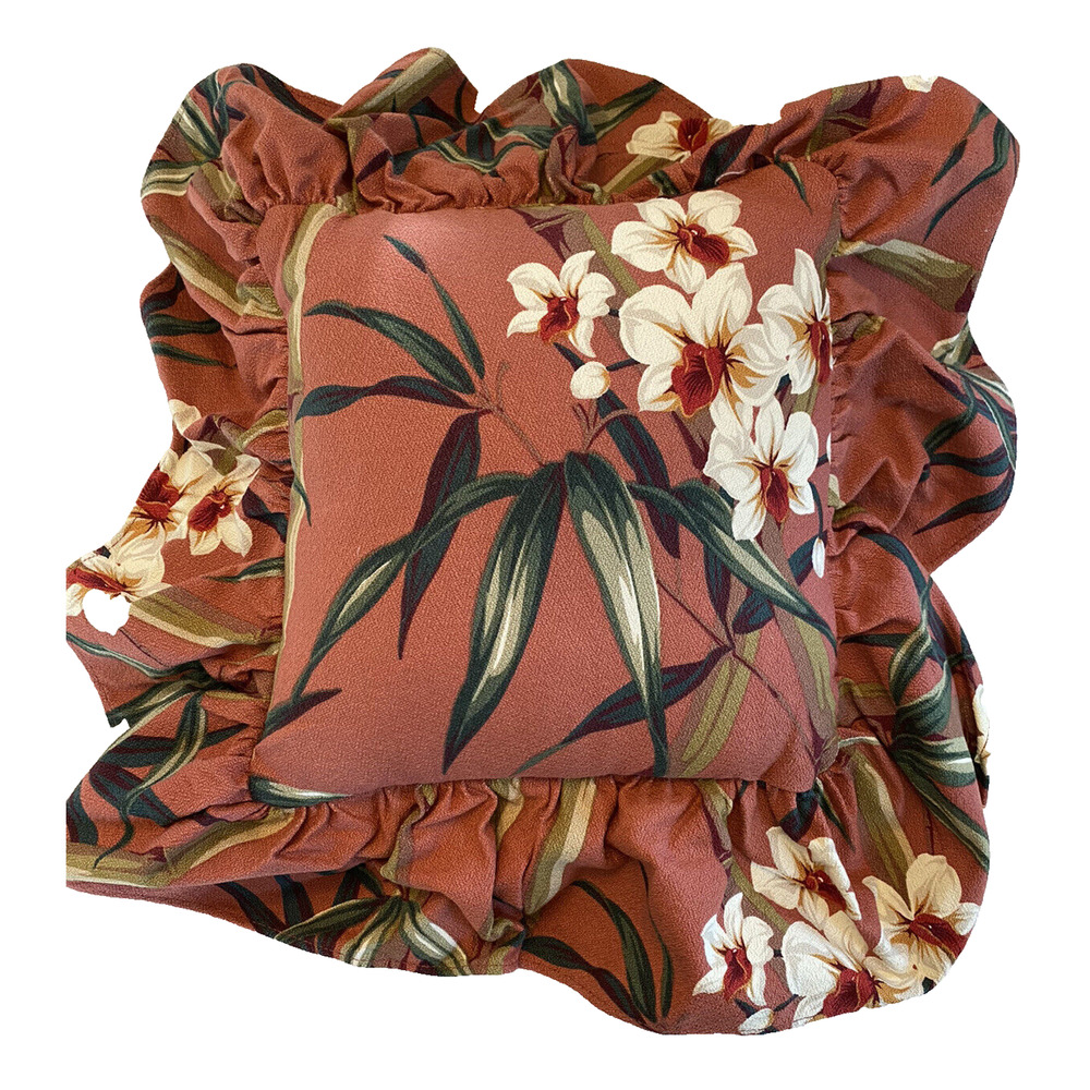MCM Barkcloth Throw Pillow Decor Tropical White Orchid Design Billowy Fringe